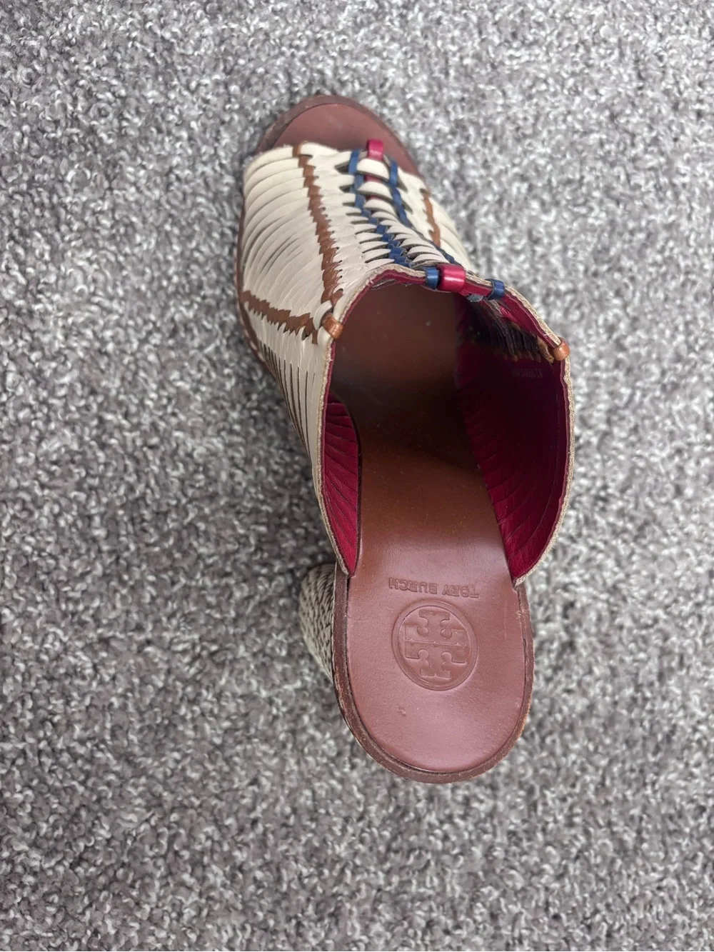 Tory Burch Cream Braided Leather Mules with Navy & Red Accents